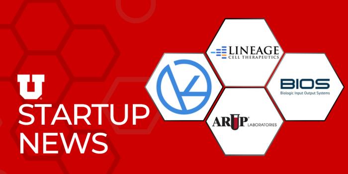Red decorative startup news graphic with logos of companies featured in story